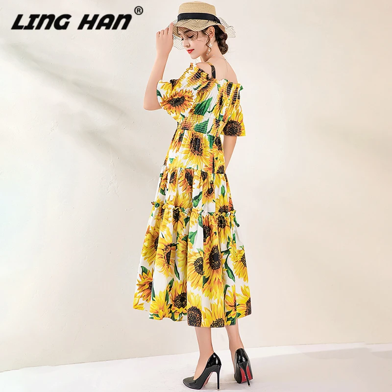 LINHGHAN Spring Autumn Cotton Dress Women Runway Fashion Designer Off Shoulder Flower Print Sexy Lady Strap Dresses Vestidos New