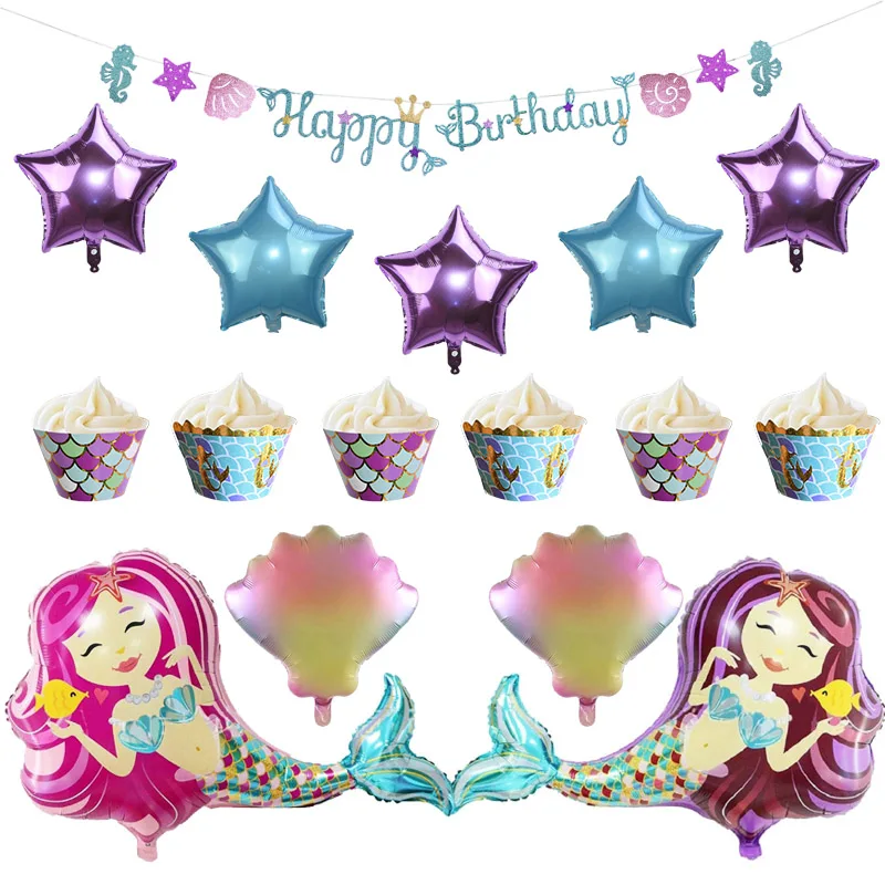 Тема русалки украшение для вечеринки баннер фольга воздушный шар с днем рождения