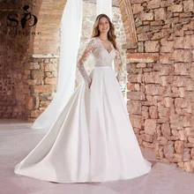 

SoDigne Elegant Women Wedding Dresses With Pocket Sexy V Neck Long Sleeves Lace Appliques Bride Dress Satin Long Bridal Gowns