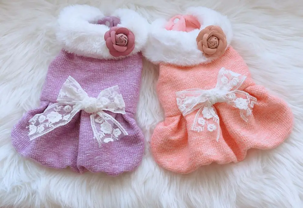 

Luxury Dog Bow Dress Fur Collar Cat Pet Dog Party Princess Dress Skirt Wool Small Dog Coat Jacket Clothes for Yorkie Chihuahua