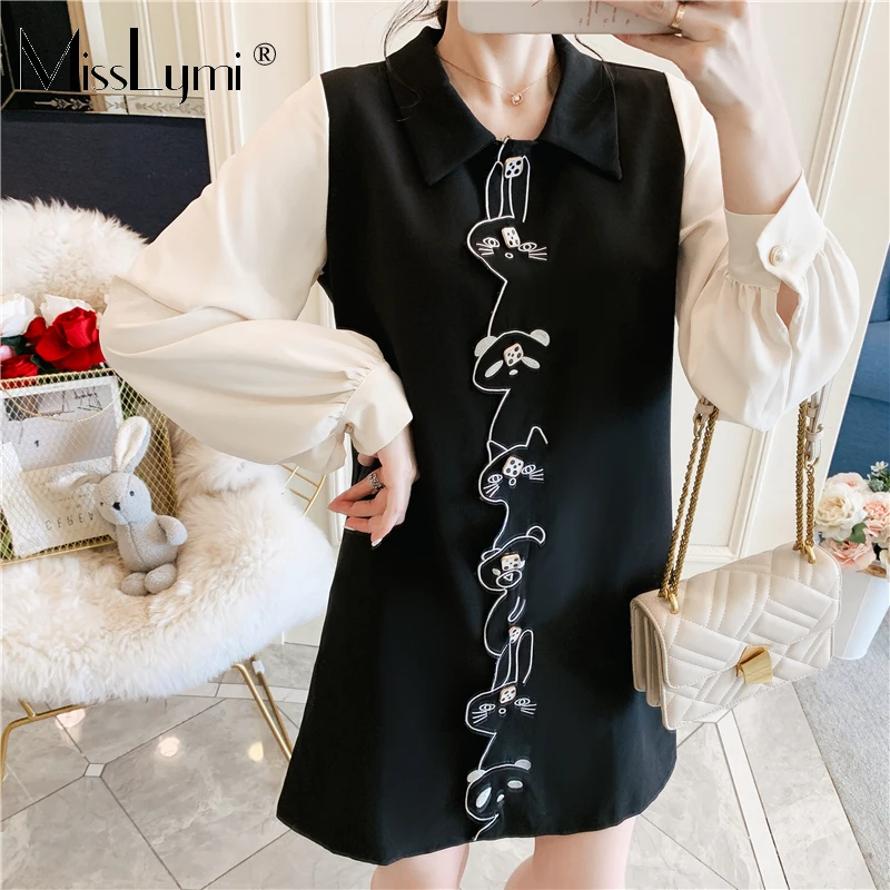 L-4XL размера плюс женское платье Kawaii осень Мода фонарь длинный рукав пэтчворк милый мультфильм Вышивка повседневные платья