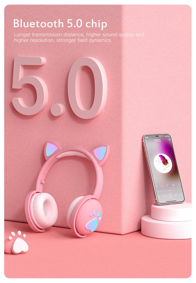 Cute glowing Bluetooth Headphones LED Cat Ear Paw Girls Gift Kids Wireless Headset HIFI Stereo Bass 3 5mm Plug with Mic