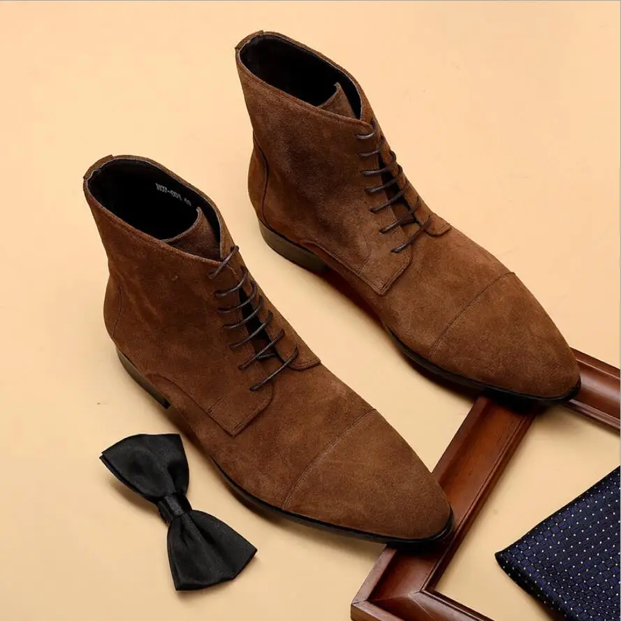 Sipriks Mens High Tops Shooes Cow Suede Ankle Boots Black Brown Lacing Autumn Boots Pointed Toe Rubber Outsole Boots Gents 44 - Цвет: Коричневый