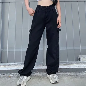 

Women's Jeans Pockets Straight Baggy Denim Jeans Women High Waist Pant Casual Loose Cargo Pant Long Trouser Streetwear
