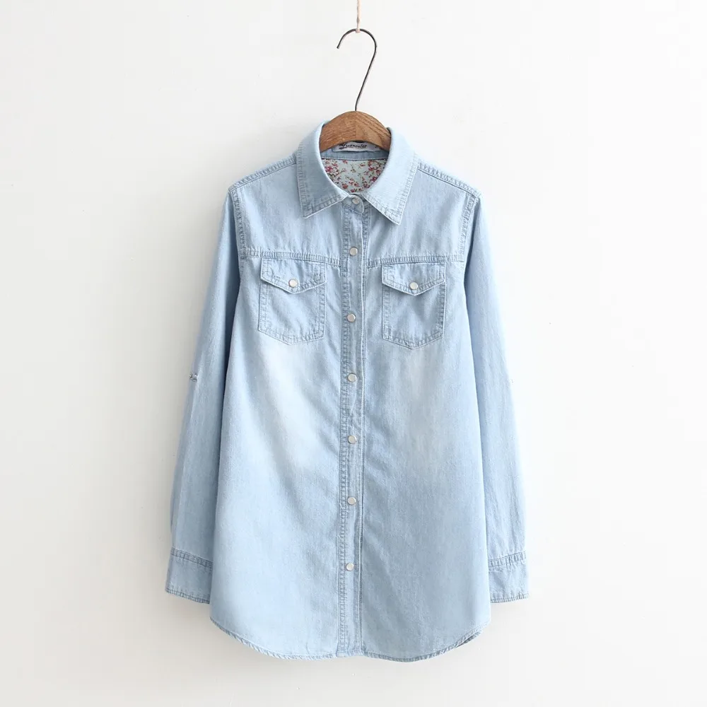 

2019 Autumn New Women Long Sleeves Blouse Vintage Washed Denim Shirt, Plus Size Casual Blue Jeans Shirt Brand Camisa Femininas