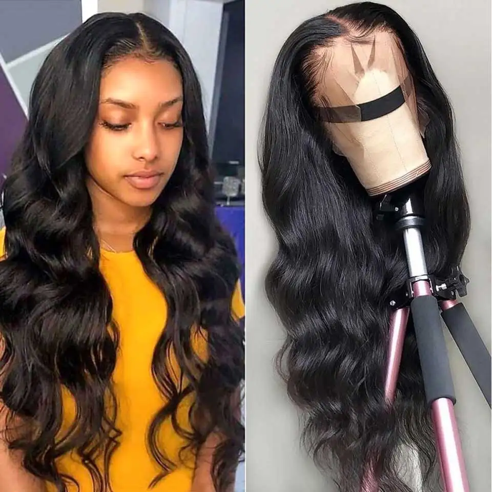 Prix 13*4 dentelle avant perruques de cheveux humains 150% 180% 200% densité non remy pré plumé brésilien vague de corps dentelle avant perruque pour les femmes noires