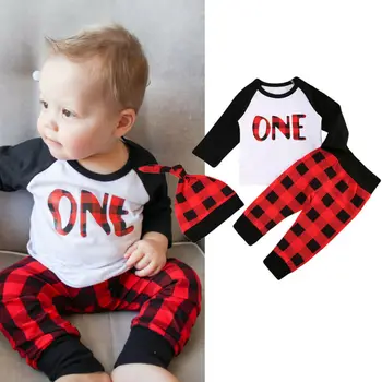 

0-24 Months Baby Boy 1st Birthday Outfits Letter Number One Print T-shirt Plaids Pants Trousers 2PCS Sets