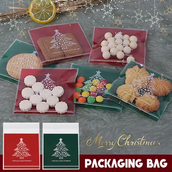 

100pcs Christmas Green Tree Printing Bags Transparent Cookie Candy Plastic Bags Small Gift Bag Jewelry Sample Packaging Bags