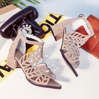 

Women Sexy Toe Crystal Pointed Heels Ladies Rhinestone Woman Sandals Female Zip Fashion Square Elegant Summer Shoes 2020