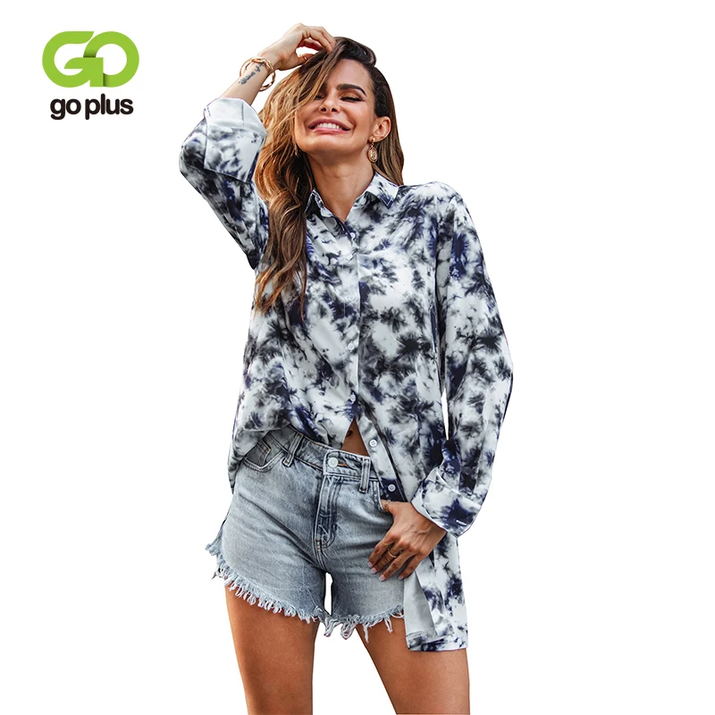 

GOPLUS Ladies Shirts Personality Autumn And Winter Shirts Long Section Long-sleeved Tie-dye Printing Retro Elegant Office Shirt