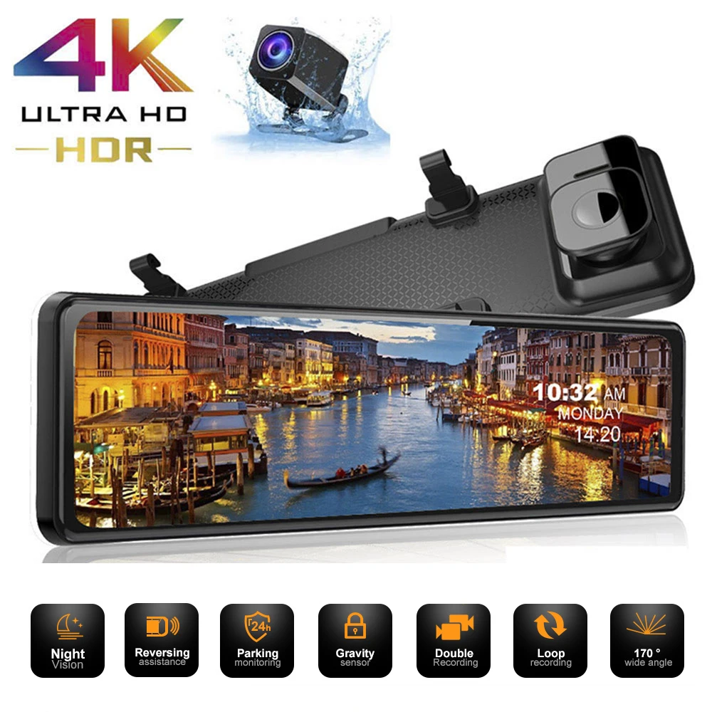 OLOPKY 12" Car DVR 4K 2160P Dash Cam Sony IMX415 Rear View Mirror GPS Camera Camera 1080P Rear camera Car Video Recorder
