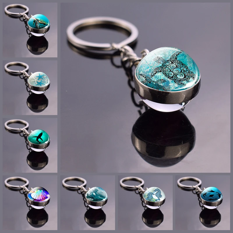 Sea Turtle Dolphin Seashells Glass Ball Keychain Glass Ball Cabochon Jewelry Keyring Ocean Souvenir Pendant Gifts Dropshipping
