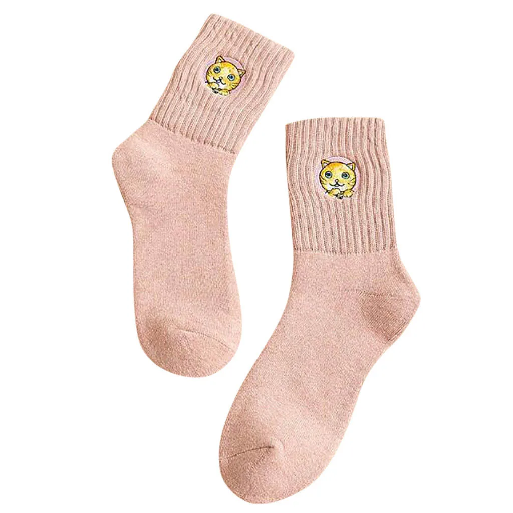 Женские Модные хлопковые плотные теплые носки средней длины с вышивкой в виде милого кота, хлопковые носки для женщин на Рождество. 25 - Цвет: PK