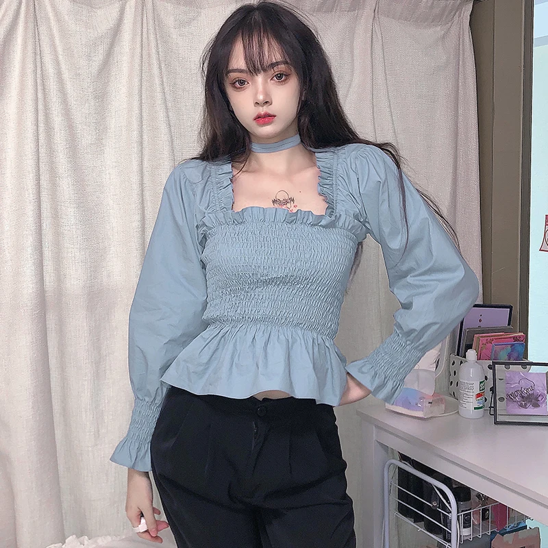 2020 Korean Popular Temperament Lotus Leaf Long Sleeve T-shirt Office Lady Full Ruffles Blue Puff Sleeve T Shirt for Women