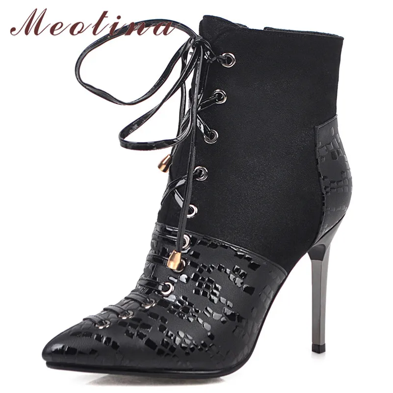 

Meotina Autumn Ankle Boots Women Zipper Stiletto High Heel Short Boots Zipper Pointed Toe Shoes Lady Winter Black Big Size 33-43