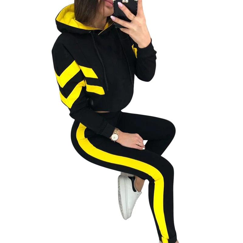 yellow Женский спортивный костюм с капюшоном, осень, спортивный женский костюм с длинным рукавом, комплект из 2 предметов, модная одежда в полоску, спортивная одежда - Цвет: yellow
