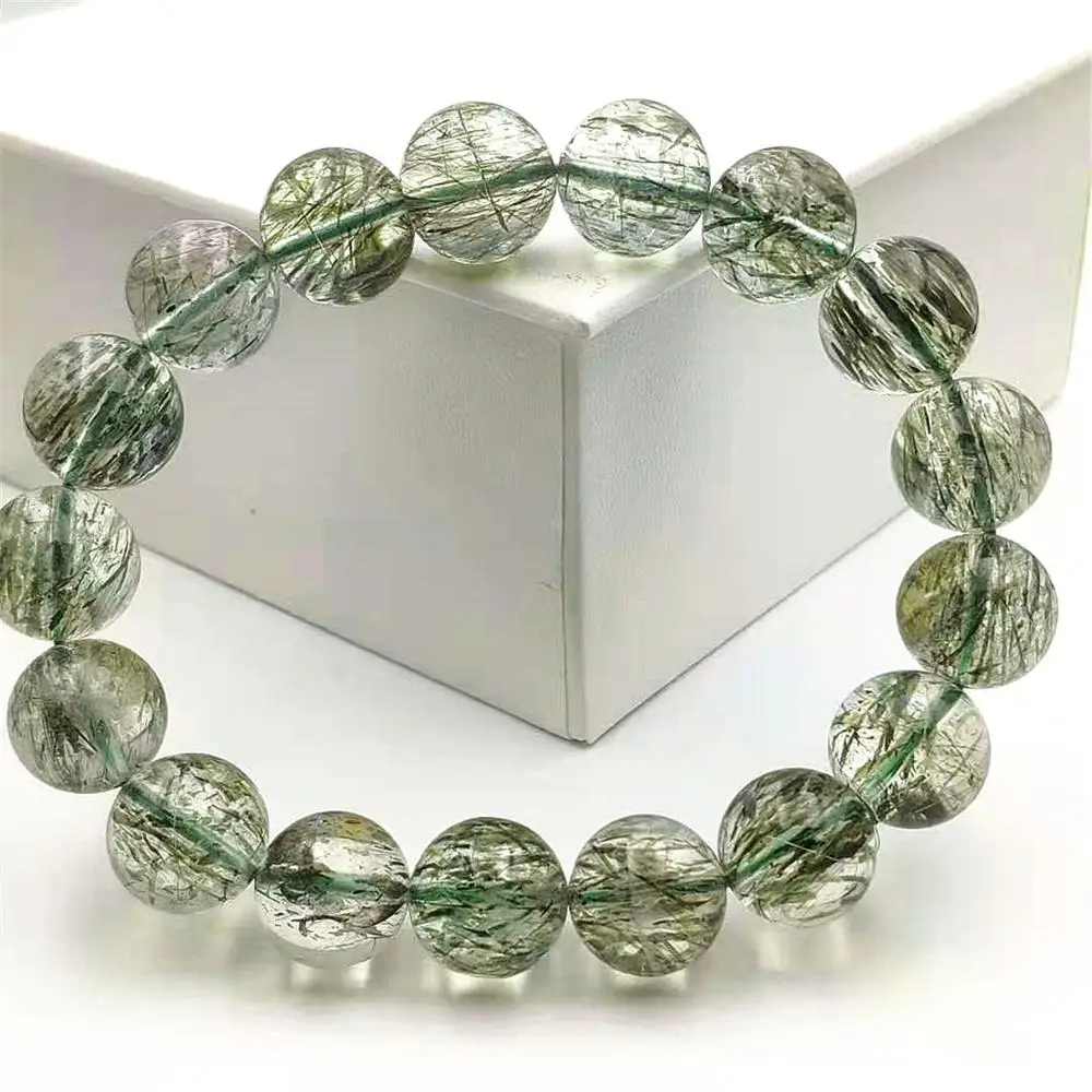 

12mm Natural Green Rutilated Tourmilated Quartz Clear Crystal Round Beads Bracelet Women Men Fashion Best Clear Stone AAAAA