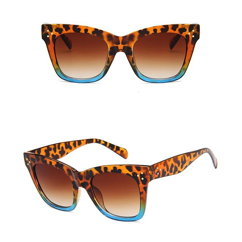 Акула парус Ким солнечные очки в стиле Кардашьян женские плоские верхние очки Lunette Femme женские роскошные брендовые солнцезащитные очки заклепки солнцезащитный крем UV400 - Цвет линз: 3.LeopardBlue  Brown