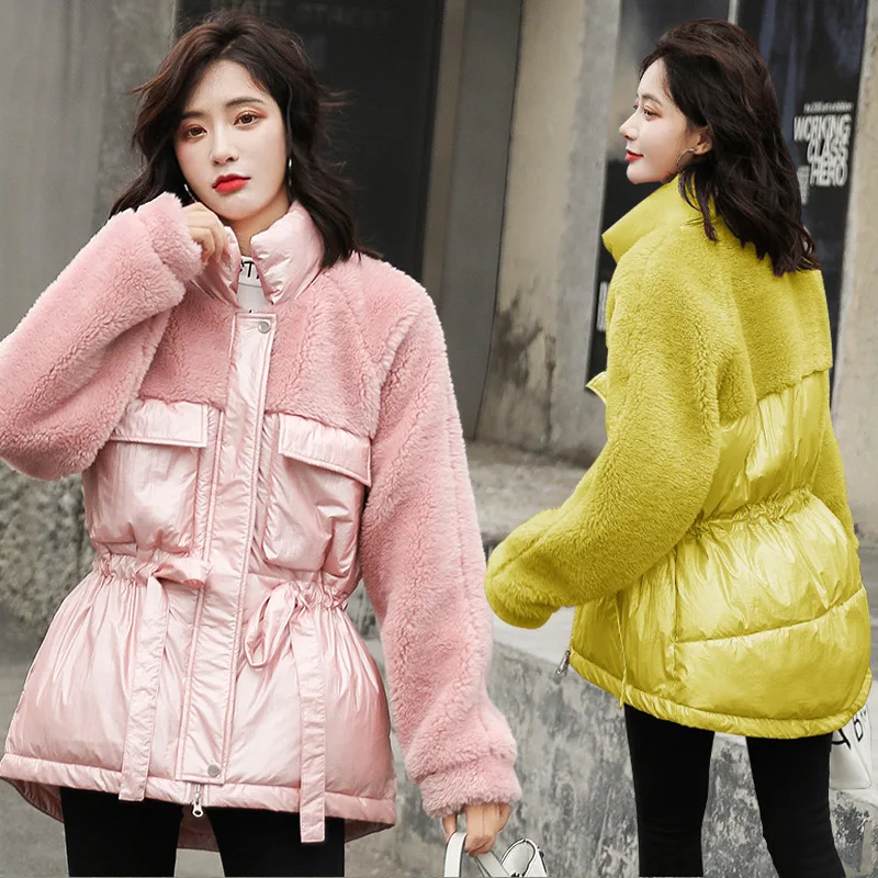 

Cotton-padded Clothes Women's Short 2019 Autumn And Winter New Style Fashion Joint Lambs Wool ke li rong Bright Surface Loose Co