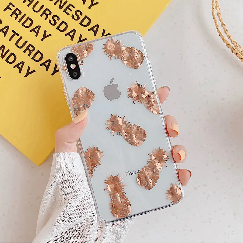 Чехол с покрытием из розового золота для iphone 11 Pro Max 7 8 Plus XR X XS Max, блестящий лимон ананас, растительное дерево, чехол для телефона, прозрачный чехол - Цвет: style 2