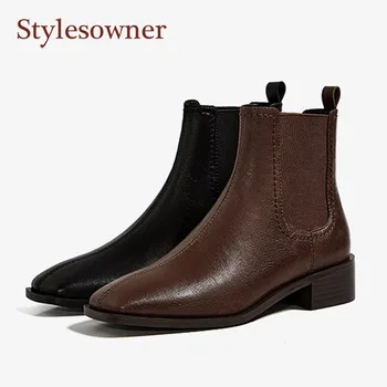 

Stylesowner 2020 New Oil Wax Leather Square Toe Chelsea Boots Medium Thick Heel Retro Ankle Short Boots Women