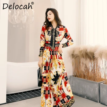 

Delocah 2020 Women Spring Summer Dress Runway Fashion Designer Long Sleeve Simple Bow Vintage Printed Elegant Slim Long Dresses