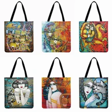 Сумка-тоут с принтом древнего египетского кота, Льняная сумка-тоут, сумка на плечо, женская сумка, складная сумка для покупок, пляжная сумка