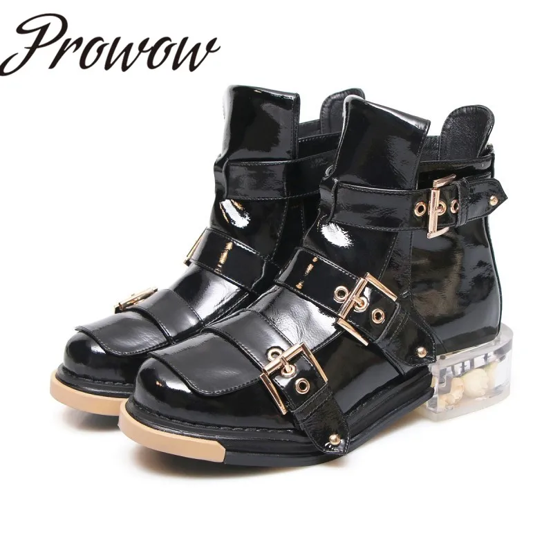 

Prowow Genuine Leather Buckle Strap Ankle Boots Round Toe Thick Heel Low Heel Punk Cool Boots Autumn Winter Boots Women