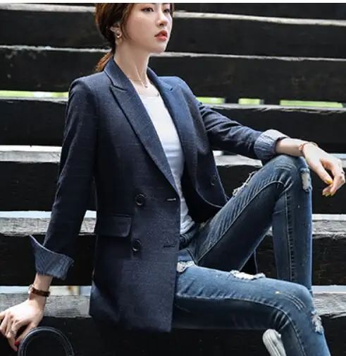 darkblue blazer Bouble однобортный Однотонный женский блейзер с карманами Женское пальто Модные Пиджаки Верхняя одежда Высокое качество куртки 5XL - Цвет: darkblue blazer