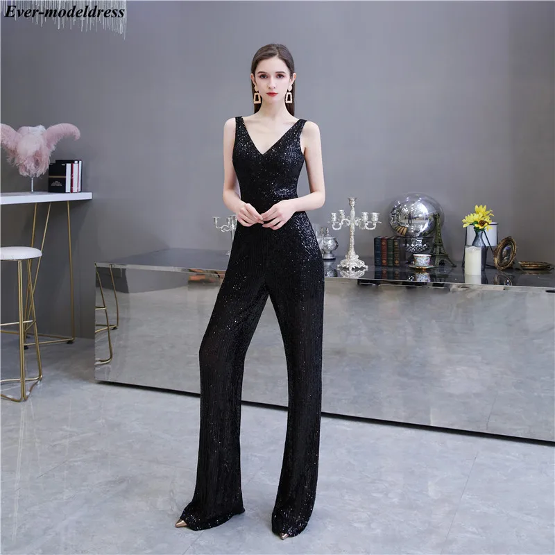

Chic Sequins Evening Dresses Jumpsuit V-Neck Sleeveless Zipper Back Prom Celebrity Party Gowns Vestidos De Festa