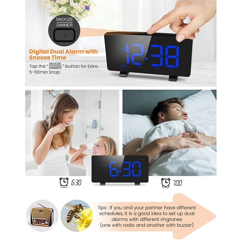 Цифровой будильник, ELEGIANT будильники для спальни с fm-радио, двойные сигналы, 6,7 дюймовый светодиодный экран, usb-порт для зарядки, авто