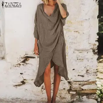 

Women Vintage Asymmetrical Hem Long Shirt Dress ZANZEA Autumn 3/4 Sleeve Cotton Linen Blusas Casual Loose Work Sundress Vestido