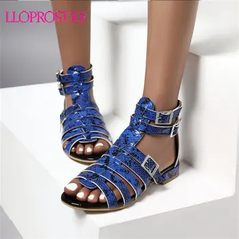 

Lloprost ke 2020 Summer Hollow T tied Gladiator Sandals Women Rome Buckle Strap Low Heel Snake Print Comfort Daily Beach Shoes