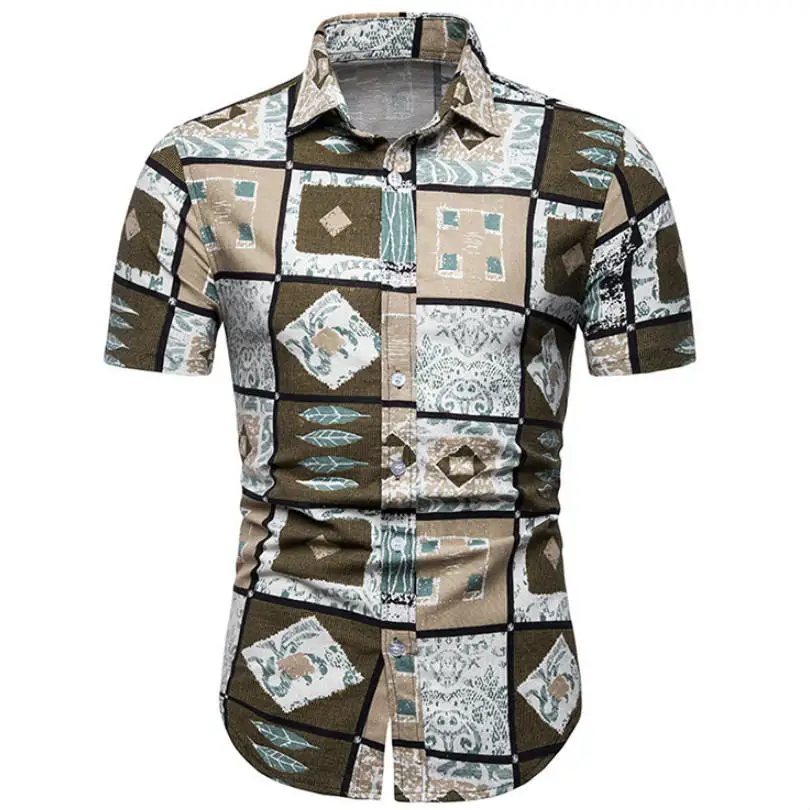 TC34-Khaki Модная летняя Гавайская Повседневная мужская рубашка в народном стиле, льняная рубашка с коротким рукавом, мужские рубашки с цветочным принтом, M-5XL - Цвет: TC34-Khaki