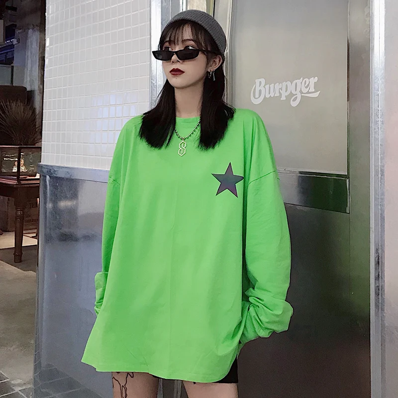 Женские футболки, топы, японские Kawaii, для девушек, Ulzzang, с принтом, светоотражающие, с длинным рукавом, футболка, женская, Harajuku, одежда для женщин
