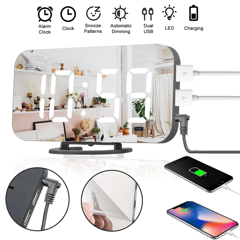 Led Alarm Clock Dual Usb Output Phone Charging Snooze Mirror Clock Digital Creative Clock Induction Dimming Electronic Clock Alarm Clocks Aliexpress