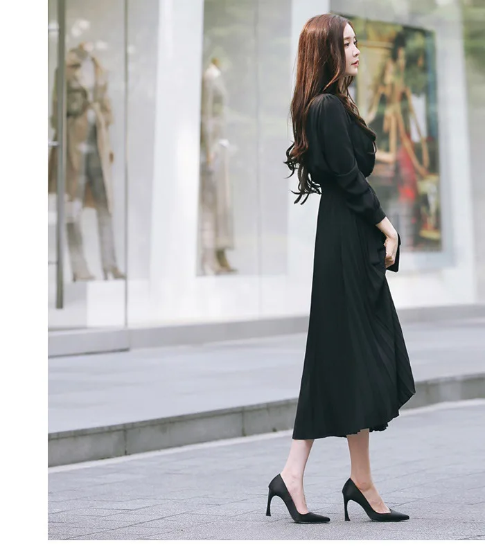 Платье женское черное с длинным рукавом элегантное миди шифоновое moda feminina vestido manga larga торжественное платье женское элегантное roupas feminina