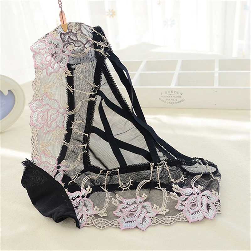 BH-black-pink Женское ультра-тонкое Сетчатое сексуальное нижнее белье, Дамское перспективное хлопковое промежность сзади, трусы с вышивкой, низкая талия, кружевное белье трусики - Цвет: BH-black-pink