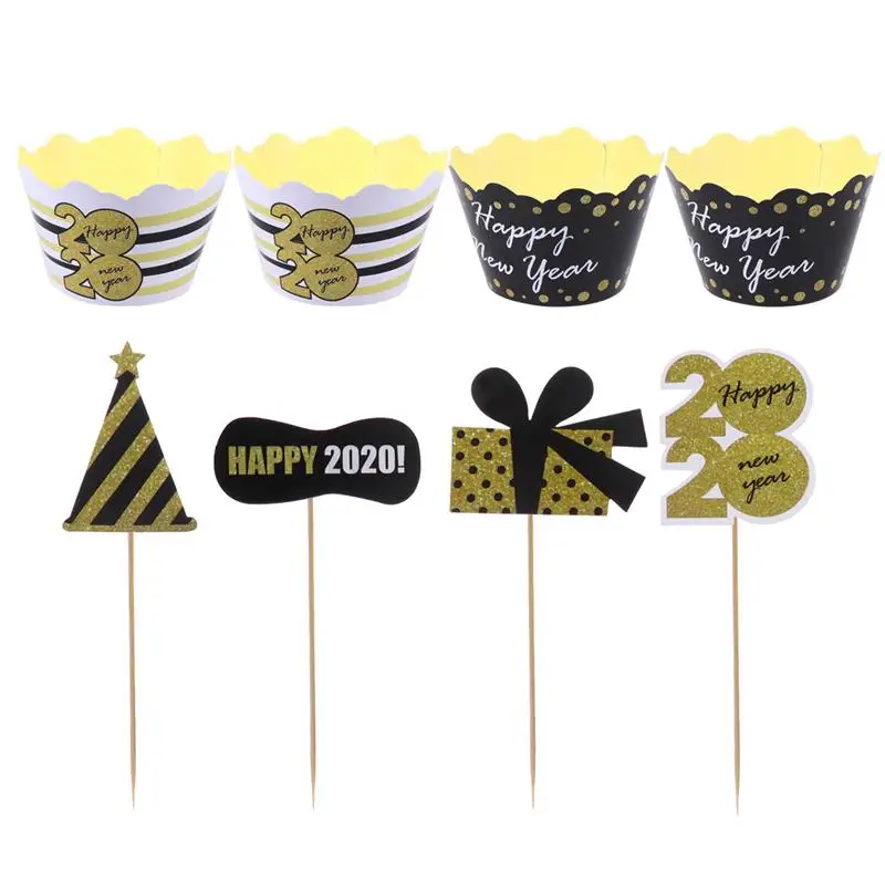 48pcs New Year Cake Wrapper And Picks Paper Cupcake Topper Christmas Party Cake Wrapper Xmas Party Decorating Supplies A35