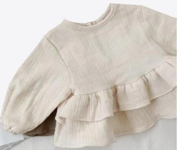 Beige Брендовая блузка для девочек; коллекция года; сезон весна-осень; блузка для маленьких мальчиков и девочек; милая детская льняная одежда с оборками; японский и корейский стиль - Цвет: Beige