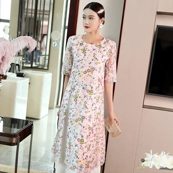 

Floral Dress Women 2019 Spring Summer New Chinese Style Round collar half sleeve Elegant Loose Ladies Dresses S-XXL