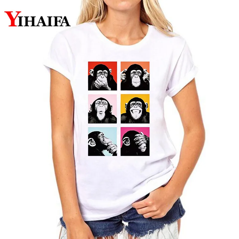 

YIHAIFA New Graphics Tee Colorful Monkey Print Summer Women gym blusa T-shirt Female Casual Pullover Tops White T Shirts