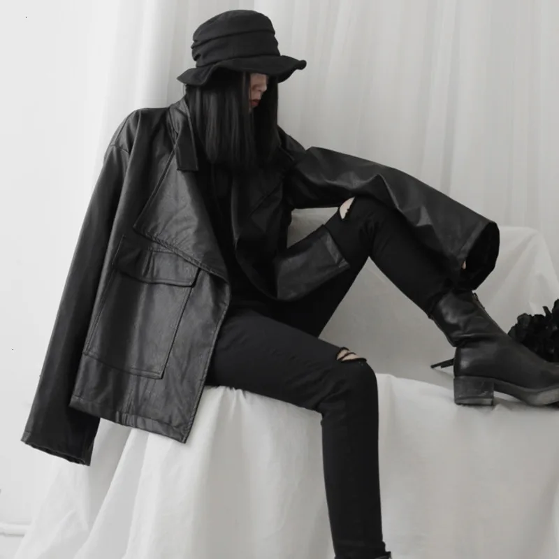 

LANMREM 2020 Irregular Coat Spring New Women's Lapel Solid Color Catwalk Long Sleeve Pu Leather Jacket 19B-a240