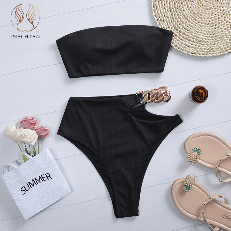 Peachtan Solid bikini 2021 High waist swimwear female Chain swimsuit women Bandeau 2 pieces set Sports bathing suit Ribbed new bikini shorts set