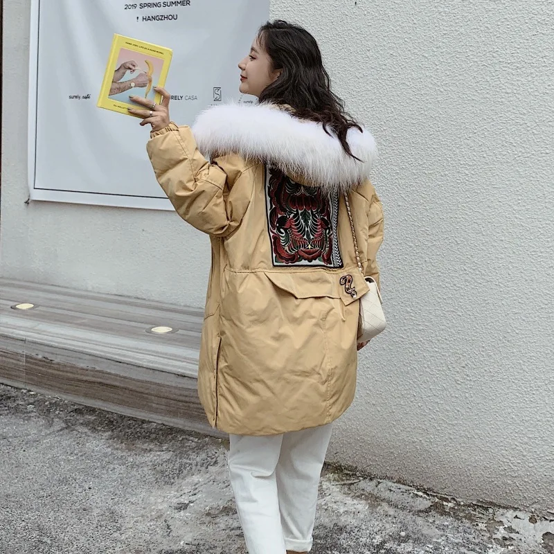 Off Season Plus-sized down Jacket Women's Mid-length New Style Fat Mm 200 Embroidered Large Fur Collar Thick Coat