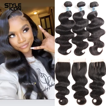 

Brazilian Body Wave Human Hair Bundles With Closure 30 Inches 3 0r 4 Bundles With Closure Non- Remy Hair Weaving With Closure