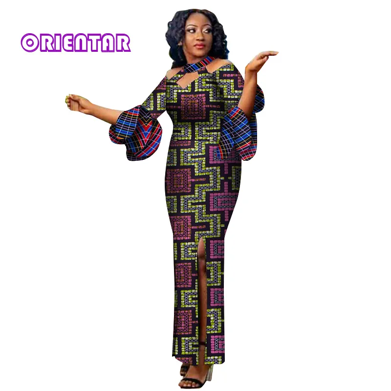 Базен Riche африканские Длинные платья для женщин принт Сращивание Дашики африканская Женская индивидуальная одежда размера плюс WY2845 - Цвет: 9