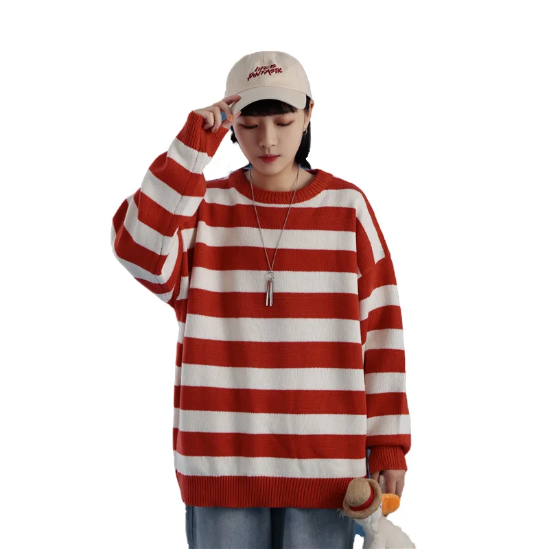 Suéter de punto con rayas verdes y negras para hombre y mujer, jersey de moda informal con cuello redondo para Otoño e Invierno
