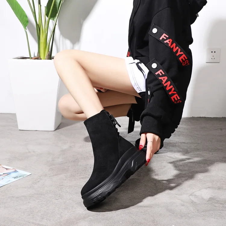 Ceny LMCAVASUN damskie buty do kostek jesień zima grube podeszwy ciepłe pluszowe buty na zimę botki dla kobiet oryginalne skórzane buty kobieta