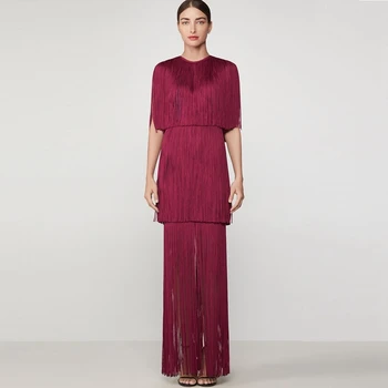 

2019 New Arrival Tassel Wine Red bandage Dress Christmas Luxury Long Maxi Celebrity Party Club Vestidos Good Quality festa